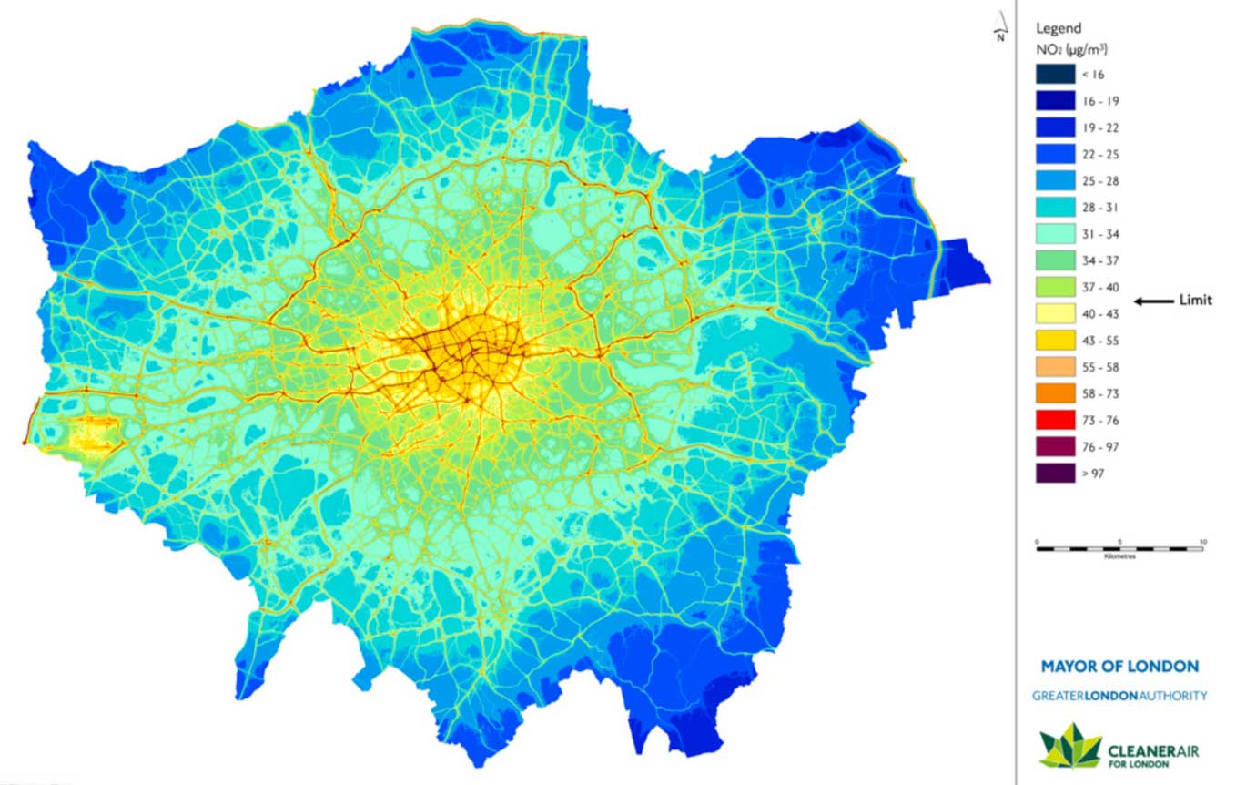 Greater London - Annual Mean NO2 concentrations 2017. Source: Clean Air For London (LAEI 2017 data)